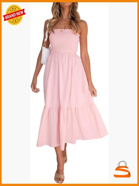 Dresses & Skirts - Strapless Smocked Maxi Dress with Ruffle Trim A-Line Summer Beach
